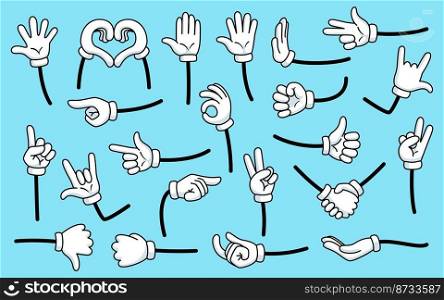 Cartoon gloves hands. Comics arms, hand mascot in white glove. Isolated arm and fingers gestures variations, handshake, ok sign, garish vector set. Illustration of comic character arm. Cartoon gloves hands. Comics arms, hand mascot in white glove. Isolated arm and fingers gestures variations, handshake, ok sign, garish vector set