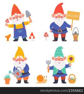 Cartoon gnome characters. Cute dwarfs holding gardening tool as watering can and digging shovel. Adorable characters with welcome sign and lantern, basket with flowers, mushrooms vector set. Cartoon gnome characters. Cute dwarfs holding gardening tool as watering can and digging shovel. Adorable characters