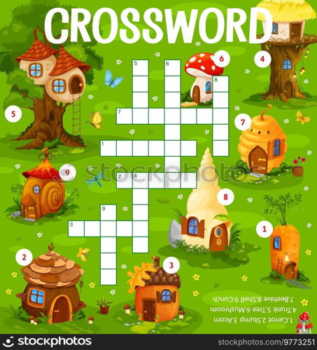 Cartoon gnome houses in fairy forest crossword grid worksheet, find a word quiz game. Vector crossword for kids with carrot, stump, acorn, trunk, tree, mushroom, beehive, shell fantasy dwellings. Cartoon gnome houses in fairy forest crossword