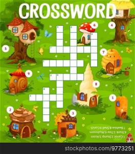 Cartoon gnome houses in fairy forest crossword grid worksheet, find a word quiz game. Vector crossword for kids with carrot, stump, acorn, trunk, tree, mushroom, beehive, shell fantasy dwellings. Cartoon gnome houses in fairy forest crossword
