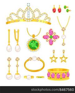 Cartoon gold jewelry set. Vector illustrations of golden accessories with precious stones or pearls, jewel ring and earrings, crown or tiara for princess, bracelet isolated on white. Jewellery concept. Cartoon gold jewelry set