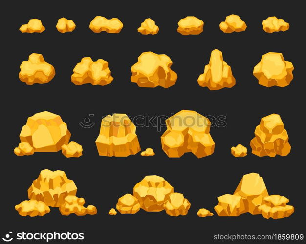 Cartoon gold mine nuggets, boulders, stones and piles. Natural shiny solid golden rock heap. Jewel nugget icons for miner game vector set. Heavy jewelry or treasure piles isolated on black