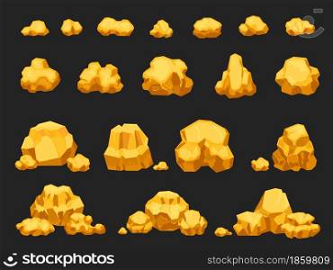 Cartoon gold mine nuggets, boulders, stones and piles. Natural shiny solid golden rock heap. Jewel nugget icons for miner game vector set. Heavy jewelry or treasure piles isolated on black