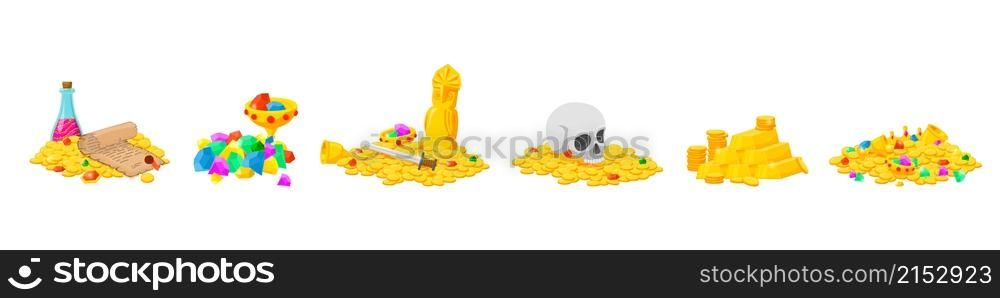 Cartoon gold treasure. Isolated golden pile, metallic bricks bar. Game ancient elements, money coins and diamonds in bowl. Financial recent vector set. Illustration pirate gold metal and treasure. Cartoon gold treasure. Isolated golden pile, metallic bricks bar. Game ancient elements, money coins and diamonds in bowl. Financial recent vector set