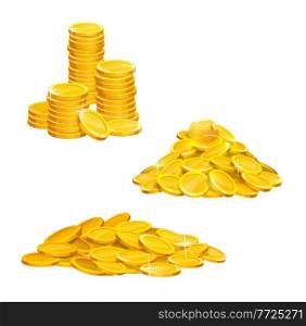 Cartoon golden coins pile and stacks, vector gold money icons. Golden coins currency, shiny gold piles and stack heaps of coins isolated on white for income and investment or wealth money. Cartoon golden coins pile and stacks, gold money