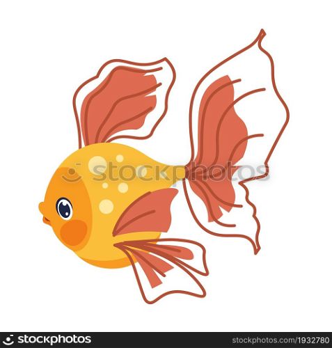 Cartoon golden fish. Aquarium goldfish mockup. Marine tropical animal. Isolated aquatic creature with yellow scales and fins. Undersea coral reef fauna element. Vector underwater swimming cute pet. Cartoon golden fish. Aquarium goldfish mockup. Marine tropical animal. Isolated aquatic creature with yellow scales and fins. Undersea coral reef fauna. Vector underwater swimming pet
