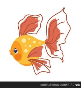 Cartoon golden fish. Aquarium goldfish mockup. Marine tropical animal. Isolated aquatic creature with yellow scales and fins. Undersea coral reef fauna element. Vector underwater swimming cute pet. Cartoon golden fish. Aquarium goldfish mockup. Marine tropical animal. Isolated aquatic creature with yellow scales and fins. Undersea coral reef fauna. Vector underwater swimming pet