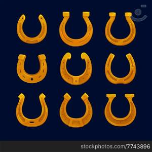 Cartoon golden horseshoes, vector symbols of good luck. Blacksmith horse shoe made of gold metal, lucky or fortune talisman of St Patricks Day Irish holiday, cowboy, Wild West western game interface. Cartoon golden horseshoes, symbols of good luck