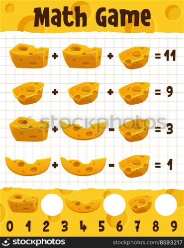 Cartoon gouda and maasdam cheese math game worksheet. Vector education maze, addition and subtraction numeracy skills development puzzle for preschool children. Mathematics educational kids riddle. Cartoon gouda and maasdam cheese math worksheet
