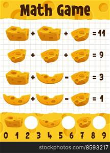 Cartoon gouda and maasdam cheese math game worksheet. Vector education maze, addition and subtraction numeracy skills development puzzle for preschool children. Mathematics educational kids riddle. Cartoon gouda and maasdam cheese math worksheet