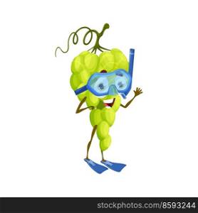 Cartoon grape character in diving mask and fins. Funny vector grapes berry personage in snorkeling or diving gear glasses, tube and flippers. Summer water recreation, holidays activity, healthy life. Cartoon grape character in diving mask and fins