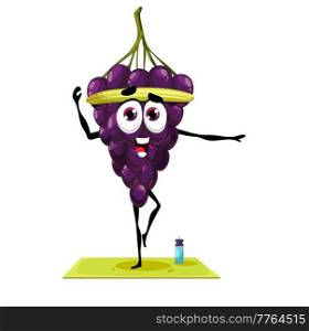 Cartoon grape character in yoga pilates pose. Comic ripe fruit vector happy smiling grape personage training in gym. Funny fruit character doing yoga or fitness exercise on mat. Cartoon grape character in yoga pilates pose