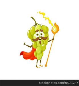 Cartoon grape magician character. Ripe fruit fairytale vector mascot with mustaches, wearing red cape and holding flaming scepter, grapes fantasy sorcerer, wizard or mage funny character. Cartoon cute grape magician vector character