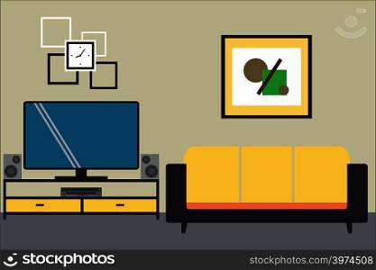 Cartoon graphic living room interior design with furniture,flat vector illustration.. Cartoon graphic living room interior design with furniture.