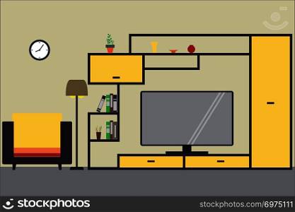 Cartoon graphic living room interior design with furniture,flat vector illustration. Cartoon graphic living room interior design with furniture
