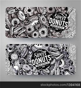 Cartoon graphics monochrome vector hand drawn doodles Donuts corporate identity. 2 id cards design. Templates set. Cartoon graphics monochrome vector hand drawn doodles Donuts id cards design