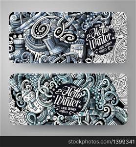 Cartoon graphics monochrome vector hand drawn doodles Winter corporate identity. 2 id cards design. Templates set. Cartoon monochrome vector hand drawn doodles Winter corporate identity