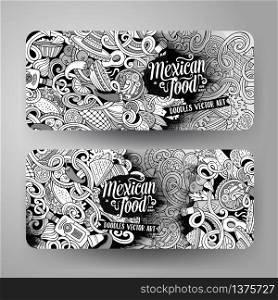 Cartoon graphics sketchy vector hand drawn doodles mexican cuisine corporate identity. 2 Horizontal banners design. Templates set. Cartoon mexican food doodles banners