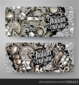 Cartoon graphics toned vector hand drawn doodles Italian food corporate identity. 4 horizontal banners design. Templates set. Cartoon graphics toned vector hand drawn doodles Italian food banners design
