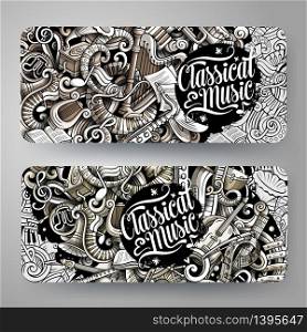 Cartoon graphics vector hand drawn doodles Classic Music corporate identity. 2 horizontal banners design. Templates set. Cartoon graphics vector hand drawn doodles Classic Music horizontal banners