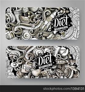 Cartoon graphics vector hand drawn doodles Diet food corporate identity. 2 horizontal banners design. Templates set. Cartoon graphics vector hand drawn doodles Diet food horizontal banners