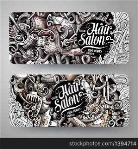 Cartoon graphics vector hand drawn doodles hairstyle corporate identity. 2 horizontal banners design. Templates set. Cartoon graphics vector hand drawn doodles hairstyle horizontal banners