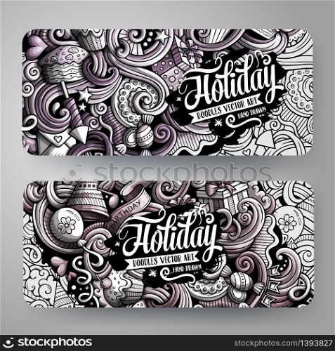 Cartoon graphics vector hand drawn doodles Holidays corporate identity. 2 horizontal banners design. Templates set. Cartoon graphics vector hand drawn doodles Holidays banners design.