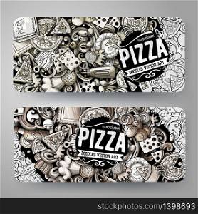 Cartoon graphics vector hand drawn doodles Pizza corporate identity. 2 horizontal banners design. Templates set. Cartoon graphics vector hand drawn doodles Pizza banners