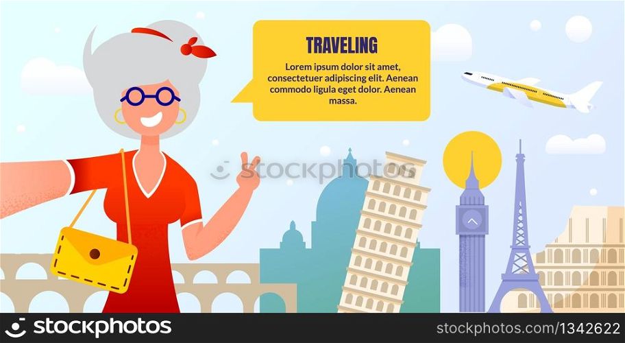 Cartoon Gray-Haired Mature Senior Woman Character Traveling Round World. Happily Smiling Aged Lady Taking Selfie. Europe Tour for Elderly People. Advertising Flat Poster. Vector Illustration. Mature Senior Woman Traveling Round World Poster