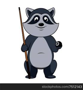 Cartoon gray raccoon billiards player character with lucky black ball and cue isolated on white background, for sporting club mascot theme. Raccoon billiards player with ball and cue