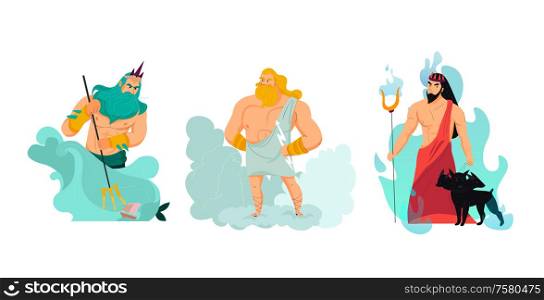 Cartoon greek gods poseidon zeus and hades isolated vector illustration
