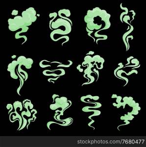 Cartoon green bad smell, smoke and toxic clouds, vector stench or stink isolated set. Disgusting stinky breathing, fart, spoiled rotten food odor. Curly fume trails, garbage comics vapor on black. Cartoon green bad smell, smoke or toxic clouds