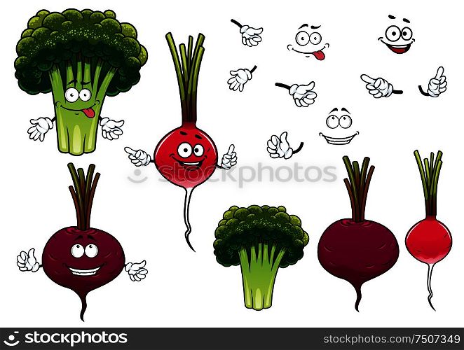 Cartoon green broccoli, crunchy radish and juicy beet vegetables characters, for agriculture or healthy vegetarian food design. Broccoli, radish and beet vegetables