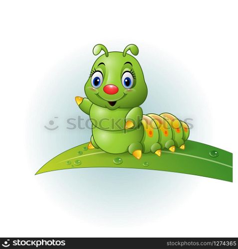 Cartoon green caterpillar on the leaf