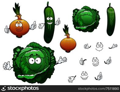 Cartoon green crunchy cabbage, cucumber and golden onion vegetables characters for fresh healthy food or agriculture themes. Cabbage, cucumber and onion vegetables