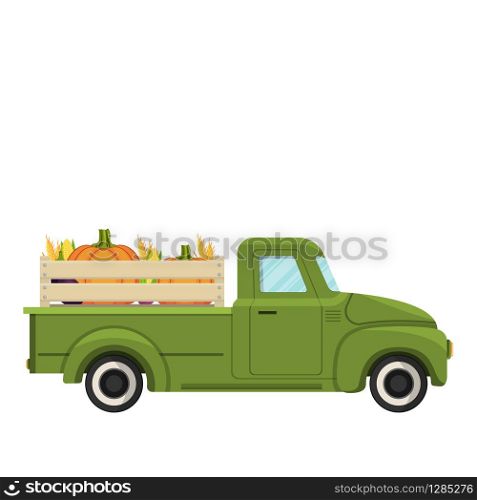 Cartoon green farm truck with harvest . Vector illustration