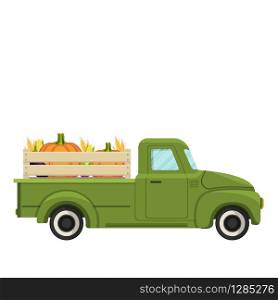 Cartoon green farm truck with harvest . Vector illustration