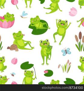 Cartoon green frogs seamless pattern. Frog and lotus, toad in pond eating, relaxing. Water lily and reeds, childish forest animal vector background. Illustration of frog reptile wildlife pattern. Cartoon green frogs seamless pattern. Frog and lotus, toad in pond eating, relaxing. Water lily and reeds, childish forest animal vector background