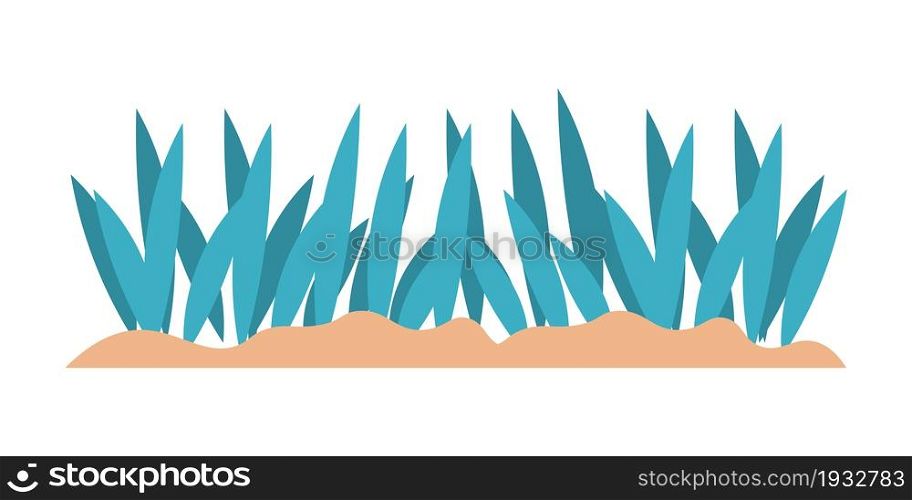 Cartoon green grass and sea plant. Aquarium decoration template. Underwater botanical elements. Isolated seaweeds growing in sand. Summer field herbs. Lawn spring greenery. Vector meadow flora mockup. Cartoon green grass and sea plant. Aquarium decoration template. Underwater botanical elements. Seaweeds growing in sand. Field herbs. Lawn spring greenery. Vector meadow flora mockup