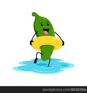 Cartoon green jalapeno pepper on summer vacation. Isolated vector humorous and lively chilli or guindilla personage enjoying relax at coastal resort lounging and swimming with inflatable ring in sea. Cartoon green jalapeno pepper on summer vacation