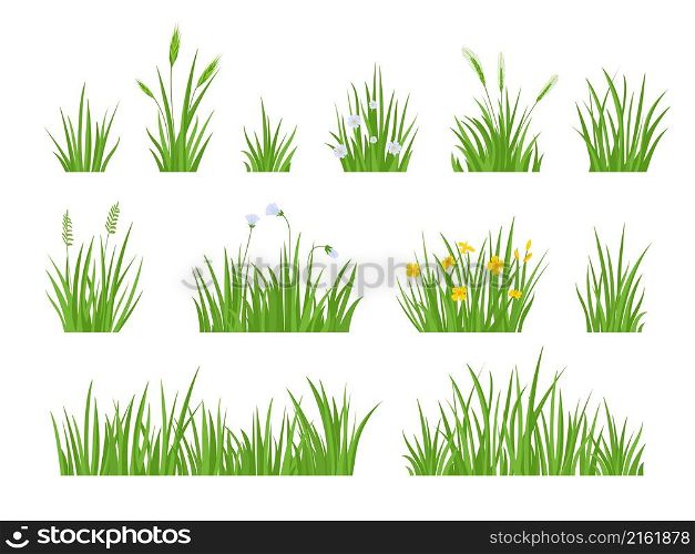 Cartoon green meadow grass with flower, herbs and spike ears. Spring garden lawn horizontal borders. Field fresh natural grass vector set. Summer plants with wildflowers blossom isolated elements. Cartoon green meadow grass with flower, herbs and spike ears. Spring garden lawn horizontal borders. Field fresh natural grass vector set
