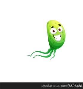Cartoon green microbe or virus character. Vector bacteria, cute cell, cheerful germ with funny face. Smiling pathogen microbe with big eyes and long flagella, isolated micro organism personage. Cartoon green microbe or virus character, bacteria