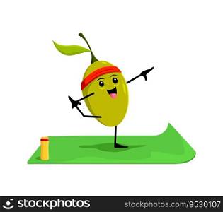 Cartoon green olive vegetable character on yoga fitness sport doing stretching exercises. Raw veggies standing on mat, promoting a healthy lifestyle and incorporating exercise into everyday activities. Cartoon green olive vegetable character on yoga