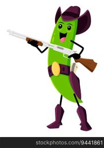 Cartoon green pea sheriff character, vector bean pod cowboy or ranger with rifle gun. Wild west vegetable wear star badge on cape, cap and boots. Funny armed Texas police or defender hero personage. Cartoon green pea sheriff character, vector bean