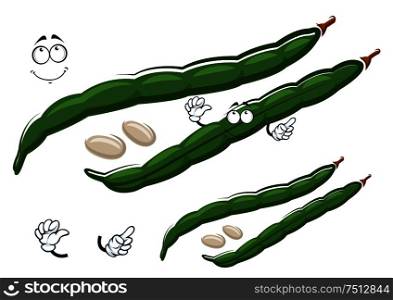 Cartoon green pods of common bean character with white seeds, isolated on white. For agriculture, harvest or vegetarian food design