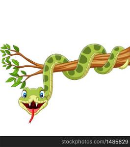 Cartoon green snake on tree branch