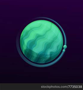 Cartoon green space planet with stripes, fantasy galaxy game and alien world icon. Green planet in fantastic universe with belt orbit, stars and craters, fantasy art cosmos and galaxy GUI. Cartoon green space planet in fantasy galaxy