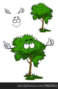 Cartoon green tree character on a grass with pensive smile, isolated on white background. Cartoon green tree on grass