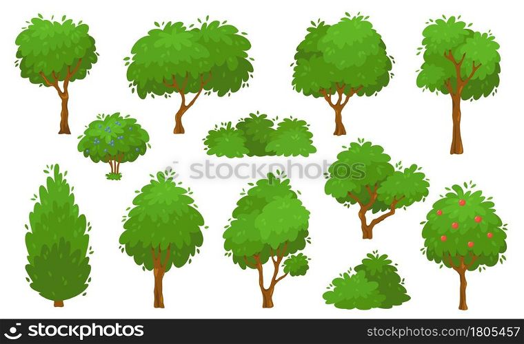 Cartoon green trees, bushes and hedges, forest or garden tree. Summer foliage plants, backyard shrub and bush, garden park plants vector set. Growing greenery, botanical elements isolated. Cartoon green trees, bushes and hedges, forest or garden tree. Summer foliage plants, backyard shrub and bush, garden park plants vector set