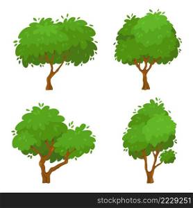 Cartoon green trees. Spring or summer plant with foliage for park, garden or forest. Botanical greenery for environment. Outdoor fresh plants with leaves isolated elements vector set. Cartoon green trees. Spring or summer plant with foliage for park, garden or forest. Botanical greenery for environment